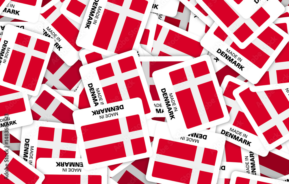 Fototapeta premium Made in Denmark Stickers Background - Flag Labels for Packaging, Manufacturing, and Branding - 3D Illustration