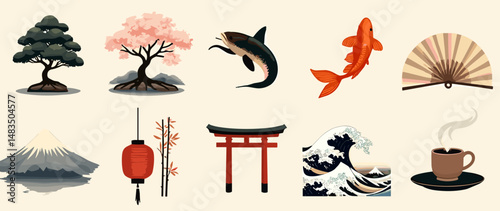 Japanese traditional illustration set with bonsai, sakura tree, koi fish, Mount Fuji, wave, lantern, fan, torii gate, bamboo, and tea cup in Zen art style
