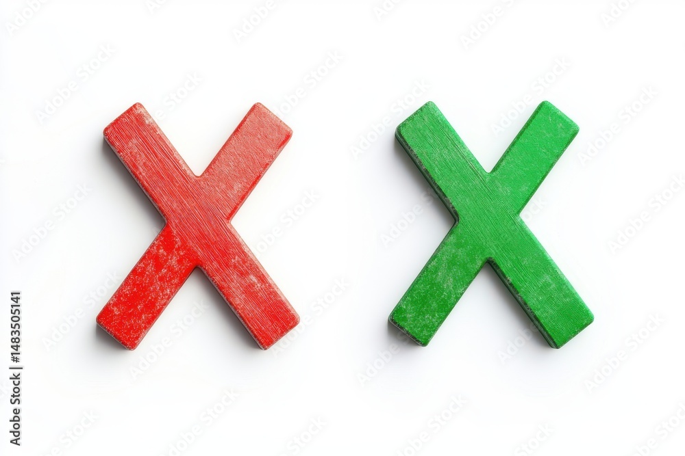 Fototapeta premium Red and green crosses isolated on white background. symbolizing right and wrong, error, or decision making.