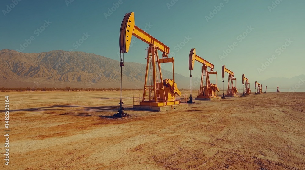 Fototapeta premium Oil pumps in a desert, with mountains and a clear blue sky in the background. Perfect for projects about energy, industry, or the environment.
