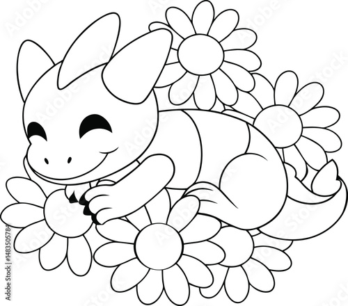 Cute Little Blue Dragon Surrounded With White Blooming Flowers	