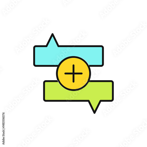 Collaboration Hub Icon, Overlapping Speech Bubbles with Plus Sign.
