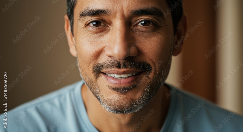 Fototapeta premium Close-up portrait of a smiling man with a warm expression in a cozy indoor setting