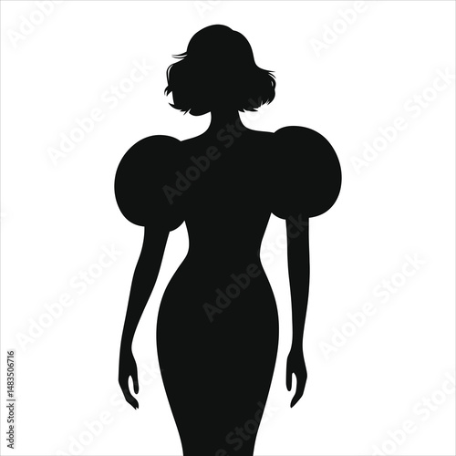 Vector Silhouette of a Woman in a Fashionable(Puffy-sleeved dress) Dress/A striking silhouette of a woman, featuring a stylish, puff-sleeve dress and short hair, against a soft pink backdrop.