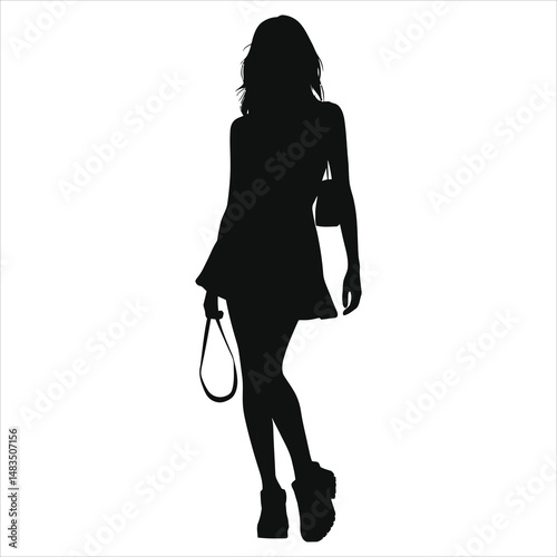 Vector Silhouette of a Woman with a Bag( Streetwear dress)/A striking silhouette of a young woman, likely in her late teens or twenties, confidently carrying a handbag.
