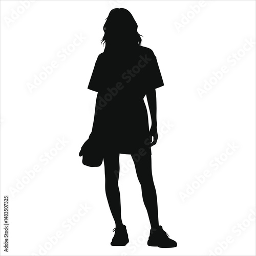 Stylish Woman Vector Silhouette in Casual Outfit(Streetwear dress)/A bold silhouette of a woman wearing a casual t-shirt dress and sneakers.
