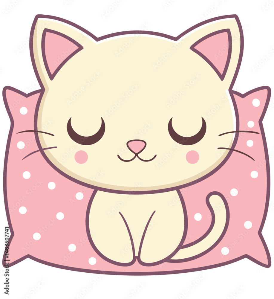 Adorable Cartoon Cat Sleeping on Pink Dotted Pillow Adorable Cartoon Cat Sleeping on Pink Dotted Pillow