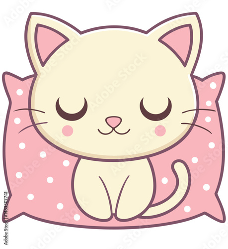 Adorable Cartoon Cat Sleeping on Pink Dotted Pillow