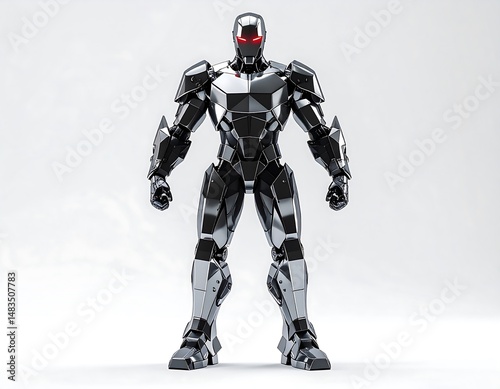 Chrome Robot in Full Standing Pose with Red Eyes against White Background