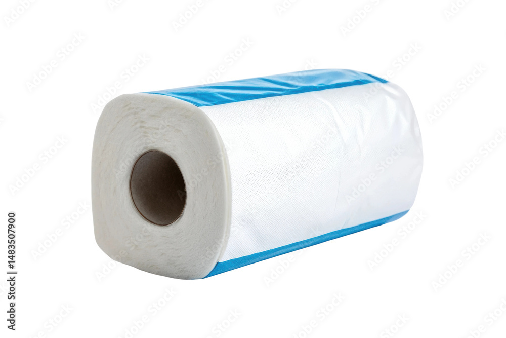 Fototapeta premium PNG Large white kitchen paper towel roll with blue packaging on black background