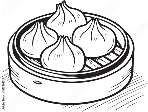 Dim sum, Chinese Dish, Cuisine of China, Black and White Vector Illustration, Sketch Drawing Line Linear Symbol Icon Engraving, Hand-drawn Isolated