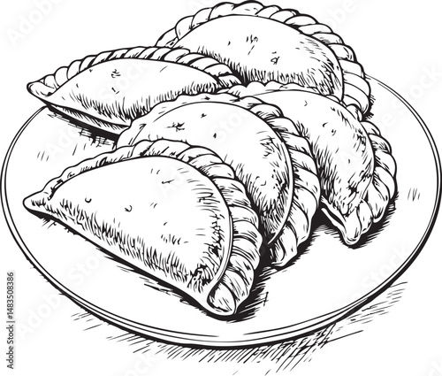 Empanadas, Latin America Dish, Cuisine, Black and White Vector Illustration, Sketch Drawing Line Linear Symbol Icon Engraving, Hand-drawn Isolated