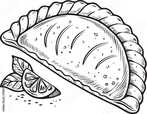 Empanadas, Latin America Dish, Cuisine, Black and White Vector Illustration, Sketch Drawing Line Linear Symbol Icon Engraving, Hand-drawn Isolated
