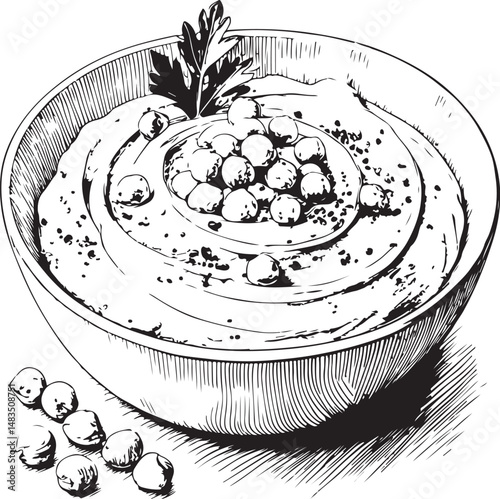 Hummus of Middle East Dish, Cuisine, Black and White Vector Illustration, Sketch Drawing Line Linear Symbol Icon Engraving, Hand-drawn Isolated