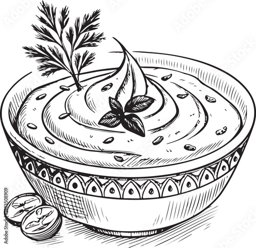 Hummus of Middle East Dish, Cuisine, Black and White Vector Illustration, Sketch Drawing Line Linear Symbol Icon Engraving, Hand-drawn Isolated