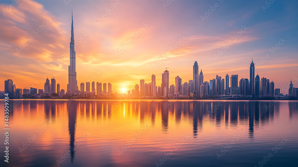 Fototapeta premium City at sunset with dramatic sky high resolution picture