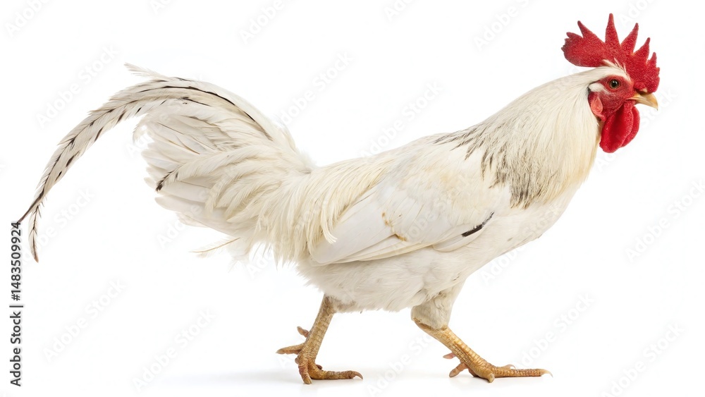 Fototapeta premium Proud white rooster walking on a seamless white background