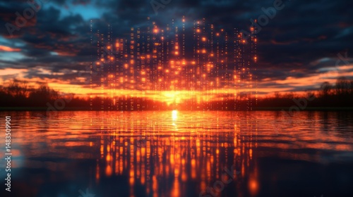 Fototapeta Naklejka Na Ścianę i Meble -  Sunset digital rain over tranquil lake