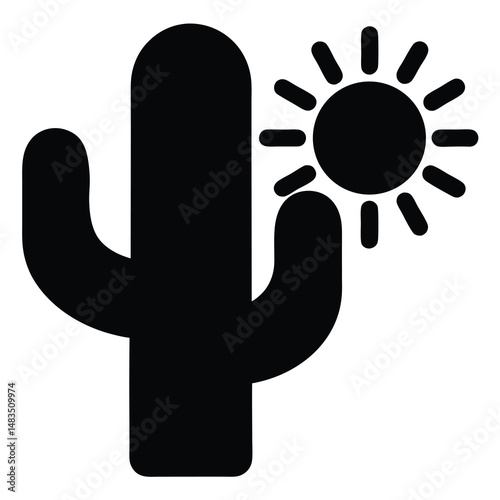 A black silhouette of a cactus plant under the sun a desert icon representing arid climates hot weather and drought resistant flora