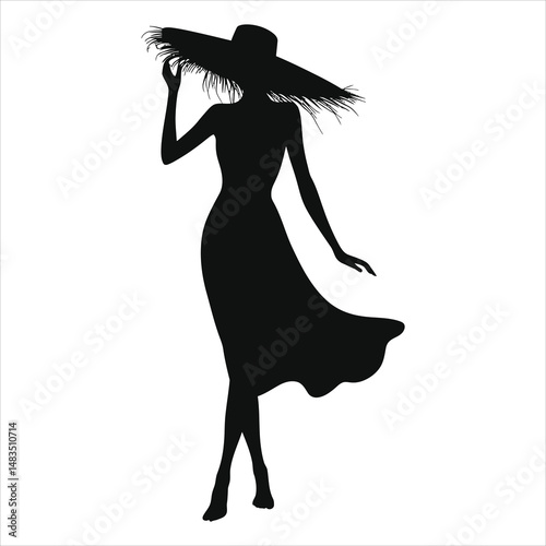 Elegant Woman in a Wide-brimmed Straw Hat(Summer beach dress ) Vector Silhouette/A stylish silhouette of a woman wearing a large straw hat and a flowing dress.
