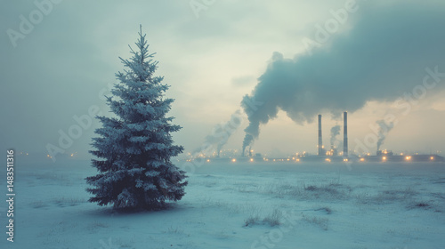 A lifeless Christmas tree stands alone in a snowy field with distant factories emitting smoke