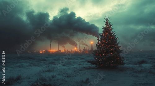 A lifeless Christmas tree stands alone in a snowy field with distant factories emitting smoke