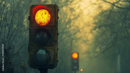 A lifeless traffic signal stands still as only flickering tree lights move in the haze. A quiet relic of a bygone system