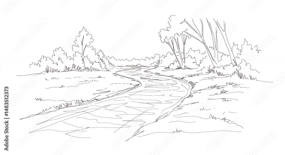 Obraz premium Hand drawn sketch of a river landscape