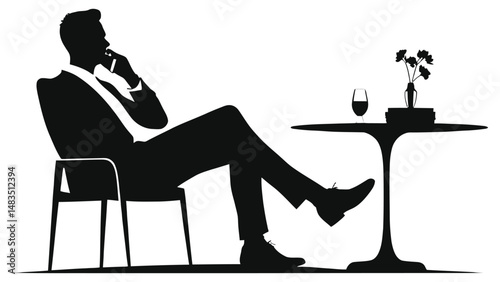 Relaxed Businessman in a Cafe, Vector Silhouette Style/A stylish silhouette of a man in a suit, sitting in a chair with his feet up on a coffee table.