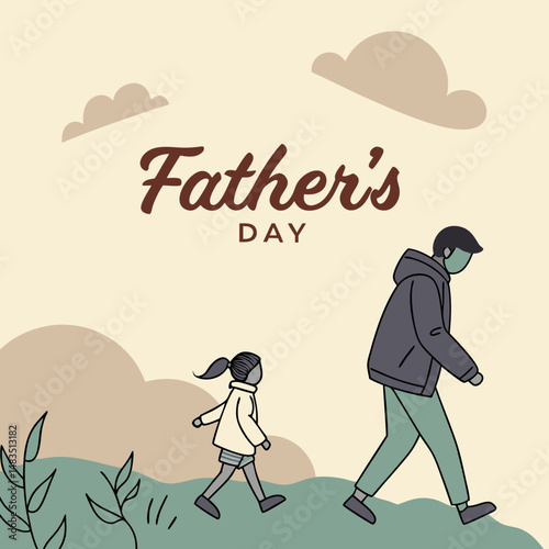 Father's Day: A tender cartoon depiction of a father and child walking together, celebrating the special bond between a father and his kid