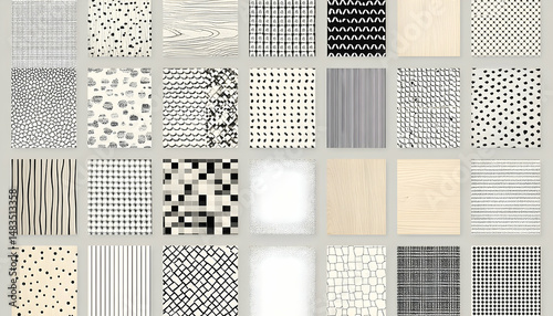 Diverse seamless textures display various patterns in a grid, each unique for design applications