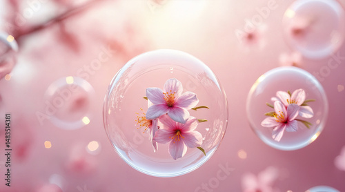 Delicate sakura blossoms float inside crystal-clear bubbles suspended in a dreamy pink sky. The soft glow of light enhances the surreal beauty of the scene. Nature and fantasy meet in poetic harmony.