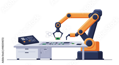 Industrial robotic arm control panel with microchips in a modern factory