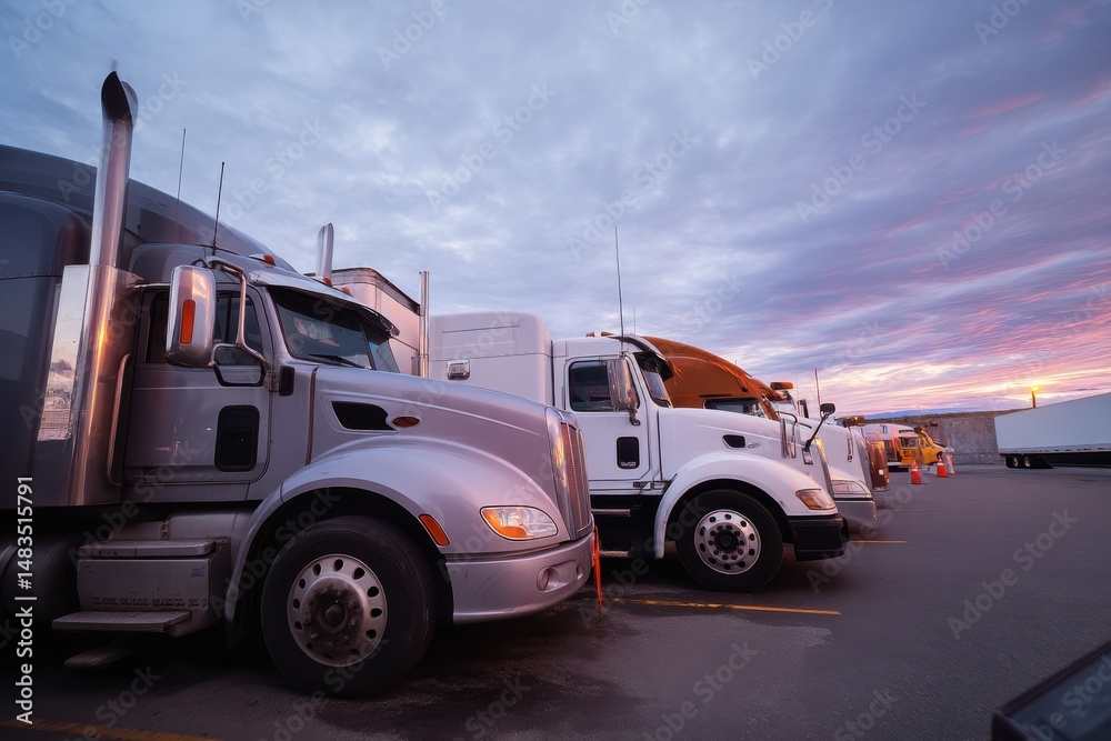 Fototapeta premium Trucks parked in a lot at sunset with a beautiful sky and changing colors