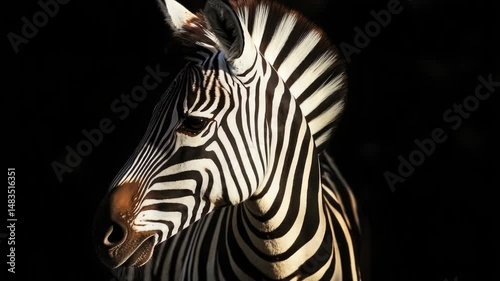 A close-up shot of a zebra's face in the dark, highlighting its distinctive stripes