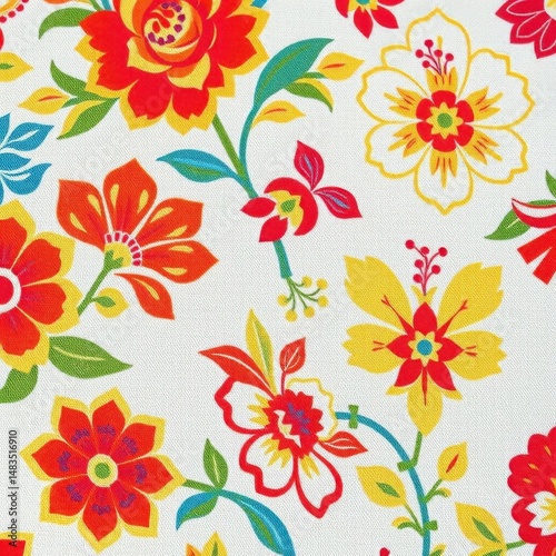 Detailed floral damask fabric, bright colors, spring bloom pattern