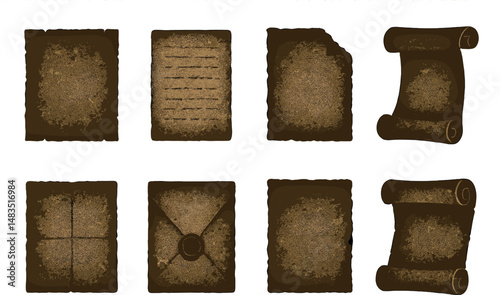 Ancient paper icons set – silhouette style, vintage and historic document symbols