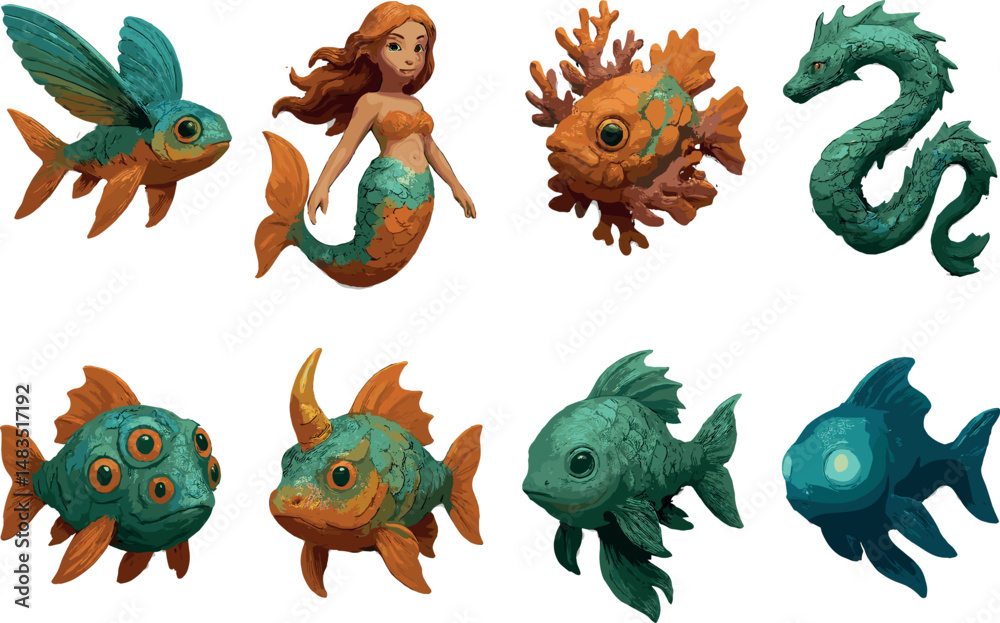 Mythical sea creatures icons set – 3d, fantasy and aquatic symbols collection Mythical sea creatures icons set – 3d, fantasy and aquatic symbols collection