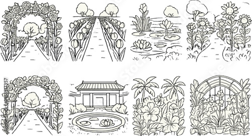 Lush floral landscapes icons set – outline, garden and botanical drawing symbols