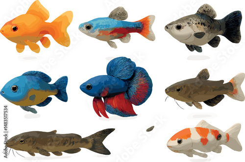 Freshwater fish icons set – 3d, aquatic life and underwater species graphics