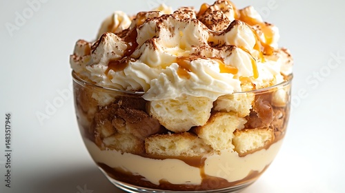 A delicate budín de pan, bread pudding with caramel, in a small glass dish, against a soft white background, in a sleek, elegant style, the Argentinian recipe centered boldly