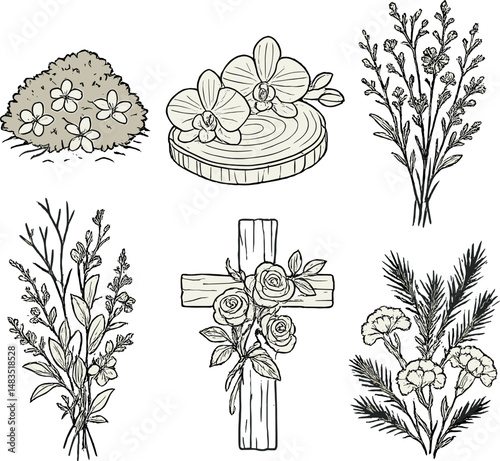 Funeral and memorial icons set – outline, minimalist and floral tribute symbols