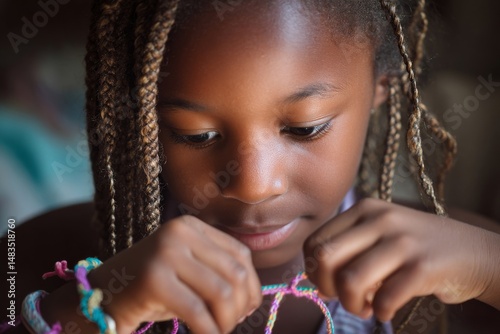 A young girl with braids meticulously crafts a colorful friendship bracelet indoors with focus.