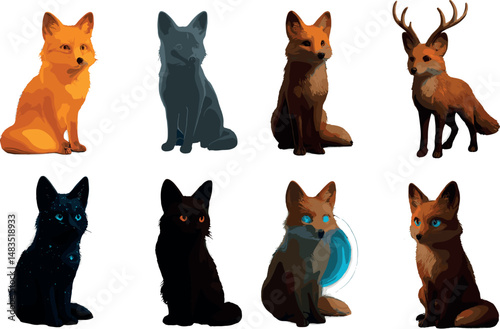 Mystical fox icons set – silhouette, magical and fantasy creature symbols