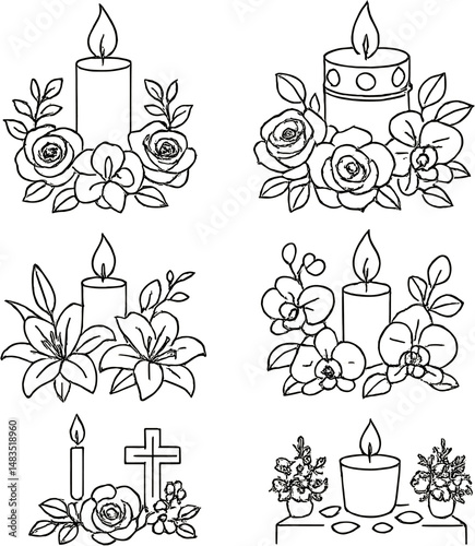 Floral candle tribute icons set – outline, remembrance and memorial design elements