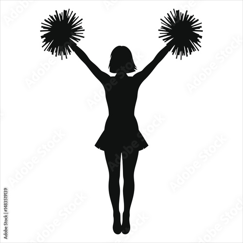 Cheerleader vector silhouette with pom-poms, energetic pose./A dynamic silhouette of a cheerleader with arms raised, holding pom-poms.