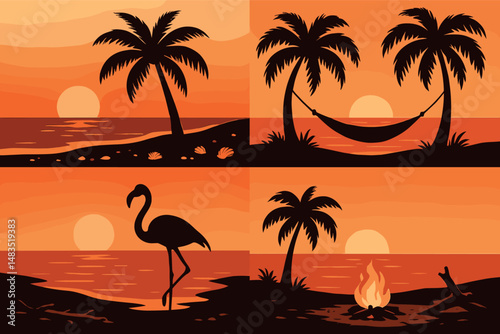 Tropical sunset icon set – silhouette, beach and summer vacation symbols