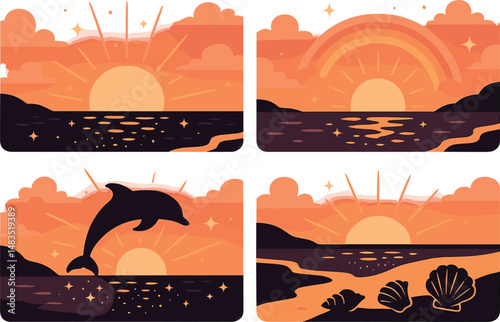 Beach and sunset silhouette icons set – ocean, nature, seaside graphics
