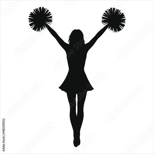 Energetic Cheerleader Vector Silhouette Against a Light Background/A dynamic silhouette of a cheerleader with arms raised, holding pom-poms.