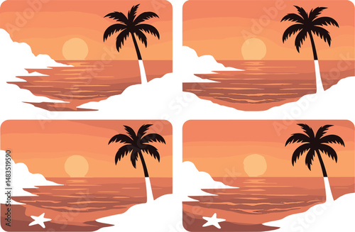 Nature and beach silhouette icons set – sunset, tropical and coastal graphics